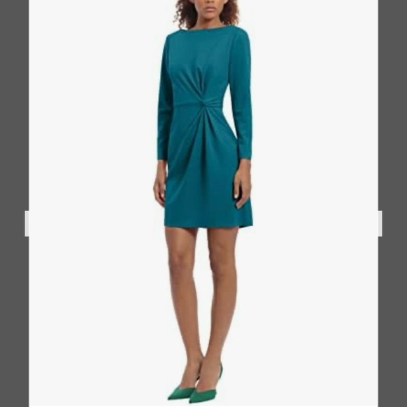 Donna Morgan Crepe Dress with Twist Detail at Side Waist in Ocean Depths Size 4 - Picture 3 of 11